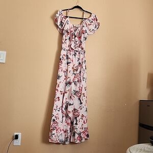 Blush pink floral ruffle v neck spaghetti strap off shoulder maxi dress Medium